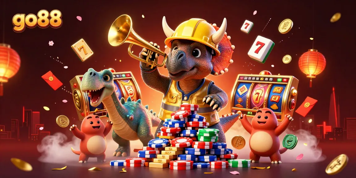 Engage in exciting gaming at go88 with a cartoon triceratops building poker chips and celebrating wins with vibrant casino elements.