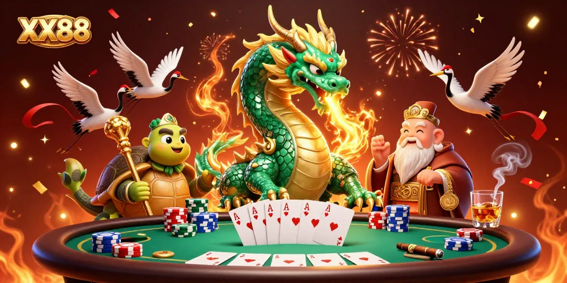 Experience thrilling games at XX88 with a dragon and turtle sage amidst poker elements.