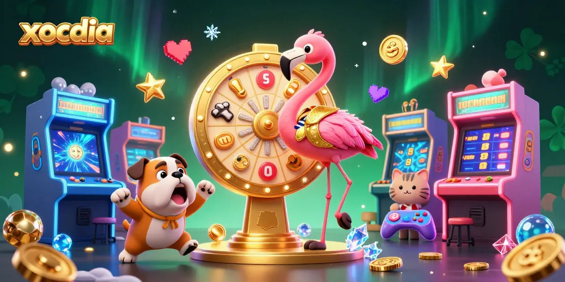 Engage with xocdia excitement as the game show host spins the prize wheel amid vibrant 3D casino elements.