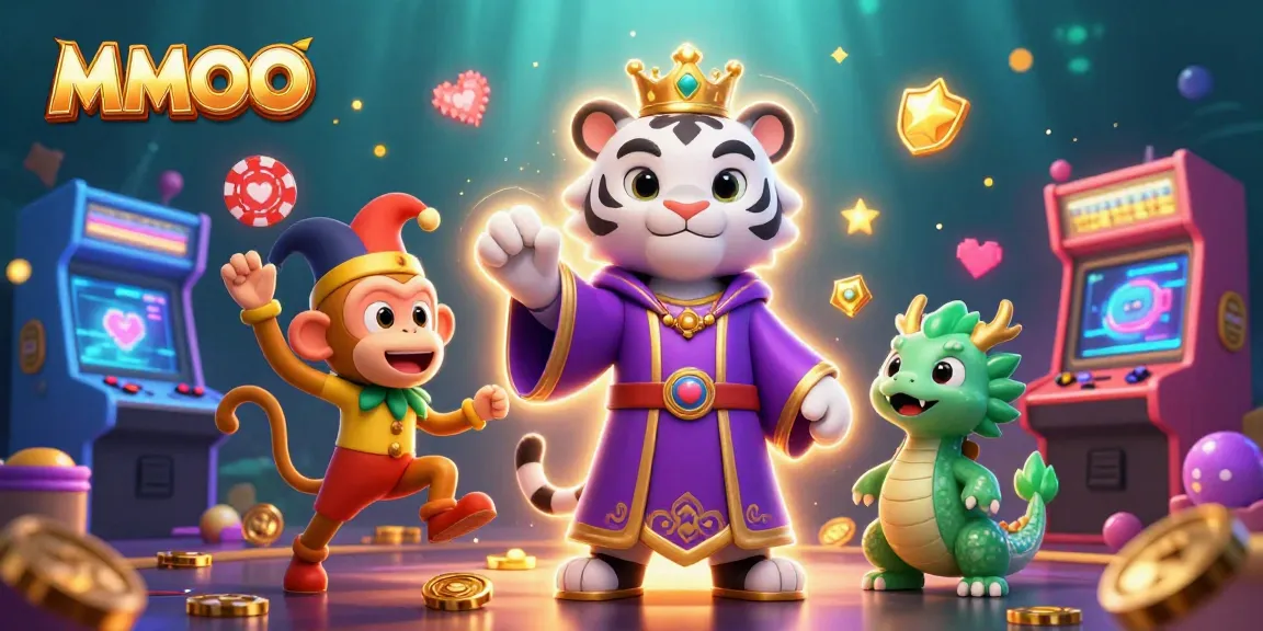 Engage with MMOO's vibrant casino adventure featuring a majestic white tiger and a jester monkey.