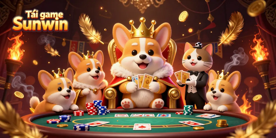 Tải game Sunwin with a royal corgi on a throne of poker chips and golden cards, surrounded by vibrant gaming elements.