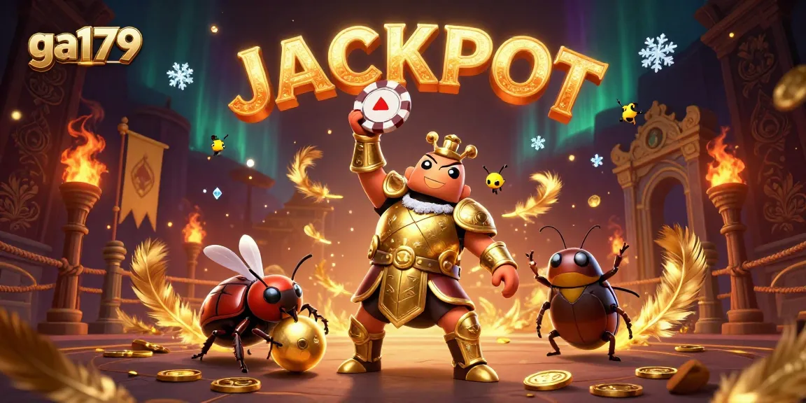 Celebrate wins with ga179's thrilling poker scene showcasing a victorious beetle and dazzling jackpots.
