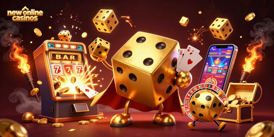 Win big at new online casinos with golden dice and jackpot games in a colorful casino scene.