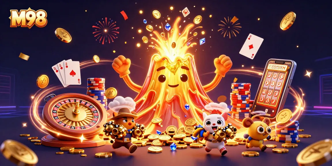 M98 casino-themed illustration showing a golden volcano erupting coins while animals flee with treasure.
