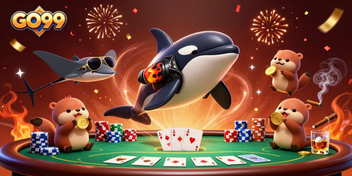 GO99 players enjoying a vibrant 3D online casino scene with gold coins and poker elements.