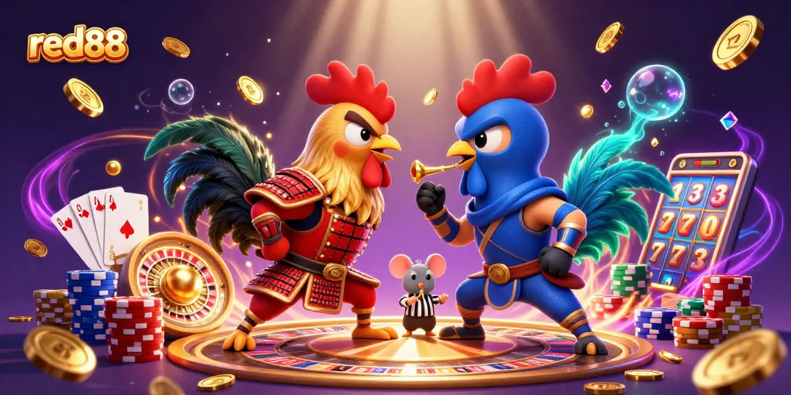 Experience the thrill of red88 as roosters face off in a vibrant casino battle with dazzling elements.