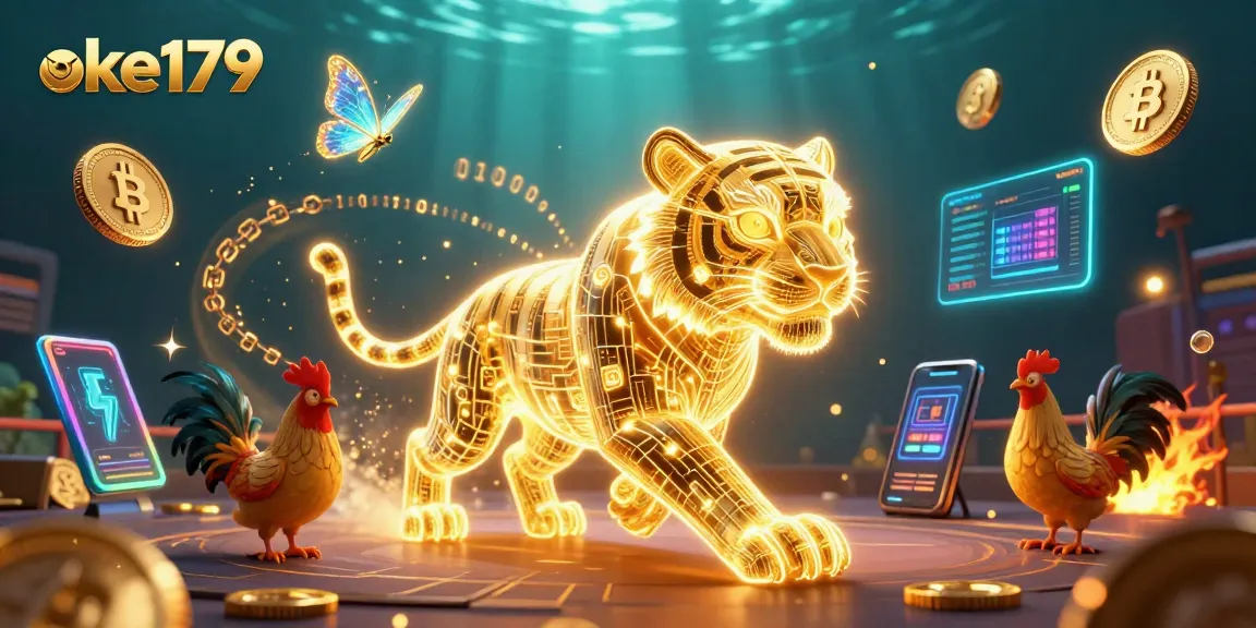 Engage in the vibrant world of oke179 with a digital casino scene featuring a neon-wireframe tiger and holographic butterflies.