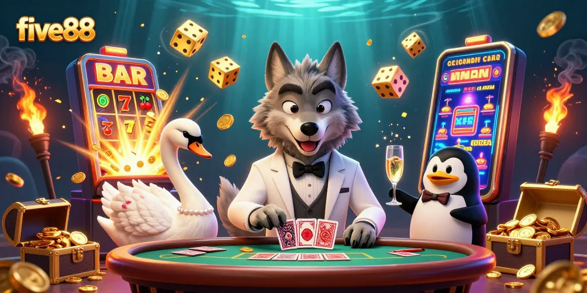 Experience the thrill of five88 with a vibrant casino scene featuring a debonair wolf, elegant swan, and penguin sommelier.