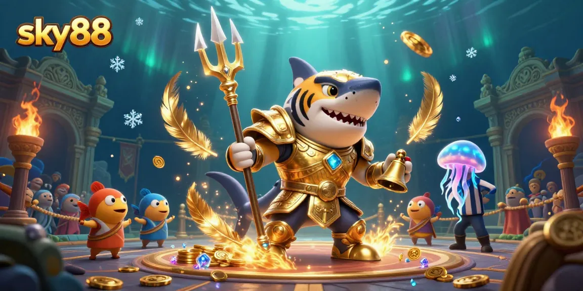 Engage in thrilling underwater battles with sky88's fierce shark and vibrant casino elements.